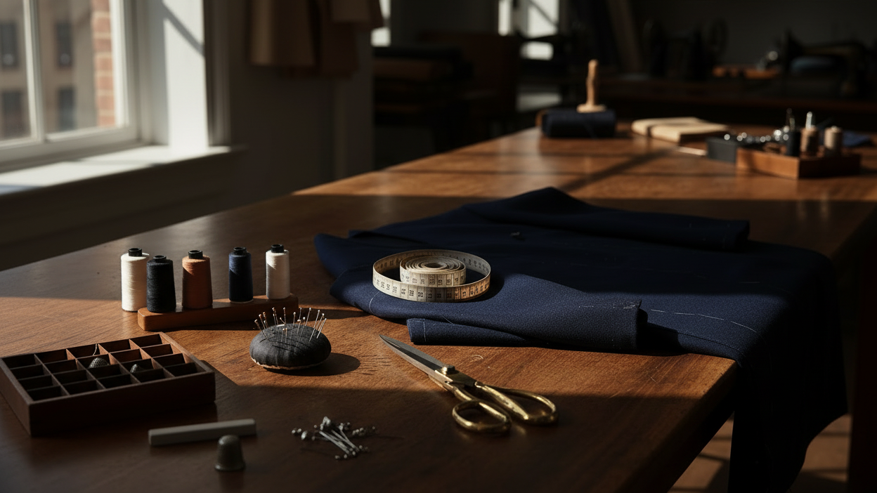 Close-up of tailor's fabric with darker lighting