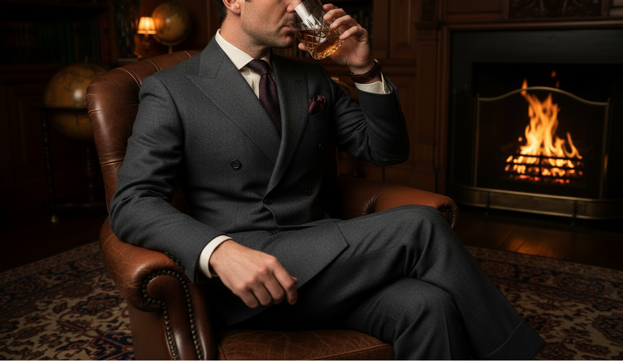generate an image of a man sitting on an leather armchair in a classic english manor office-room, with a fireplace. The man is wearing a perfectly fitted tailored charcoal grey double breasted flannel suit and is sipping on whiskey out of a crystal glass. make him glance at the fireplace but keep the image's focus on the suit he's wearing. make it mid-light with warm tones and wood panneling