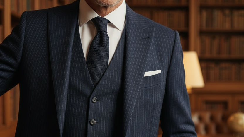 High-quality close-up of man in midnight blue pinstripe suit