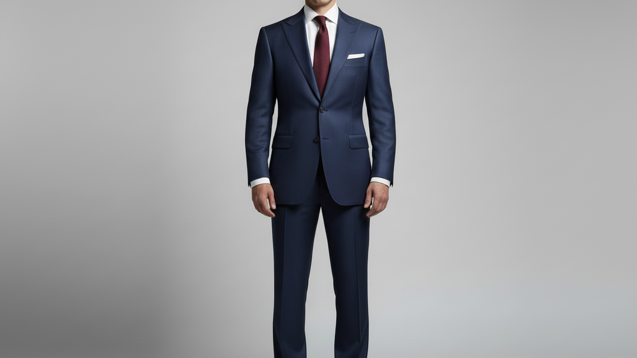 now generate an image of the same man wearing a perfectly fitted suit (same fabric), but make it peak lapels, wearing a tie and pocket square